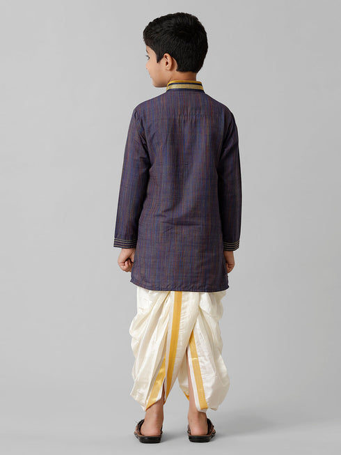 Ramraj Cotton Boys Navy Kurta with Cream Art Silk Panchakacham Combo EMD6