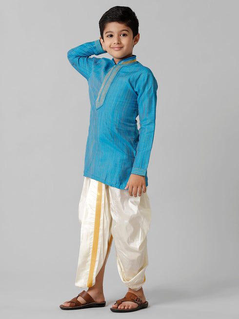 Ramraj Cotton Boys Sky Blue Kurta with Cream Art Silk Panchakacham Combo EMD2