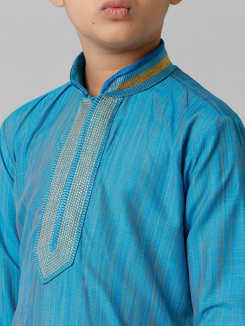 Ramraj Cotton Boys Sky Blue Kurta with Cream Art Silk Panchakacham Combo EMD2