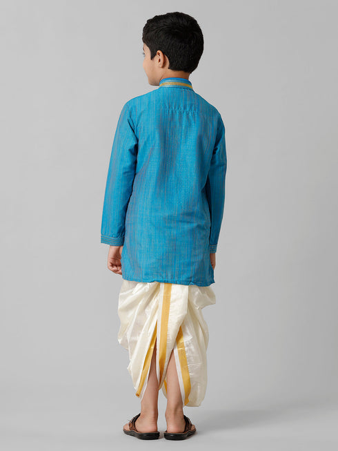 Ramraj Cotton Boys Sky Blue Kurta with Cream Art Silk Panchakacham Combo EMD2