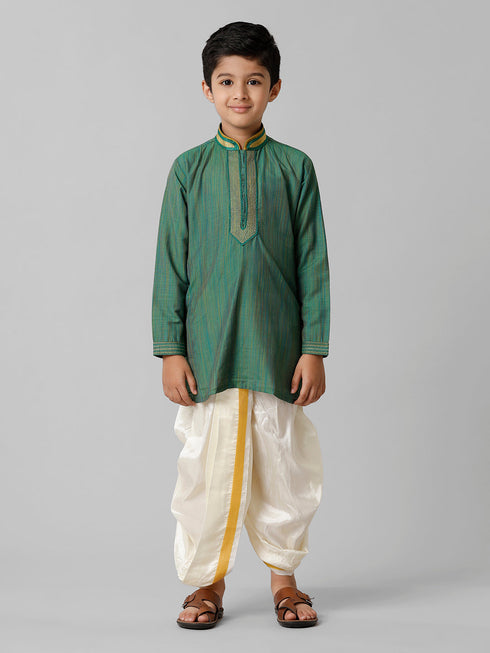 Ramraj Cotton Boys Dark Green Kurta with Cream Art Silk Panchakacham Combo EMD7