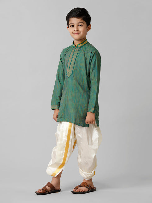 Ramraj Cotton Boys Dark Green Kurta with Cream Art Silk Panchakacham Combo EMD7