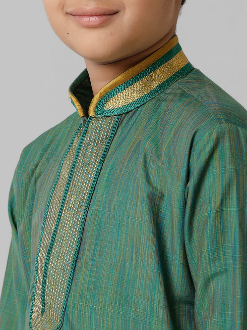Ramraj Cotton Boys Dark Green Kurta with Cream Art Silk Panchakacham Combo EMD7