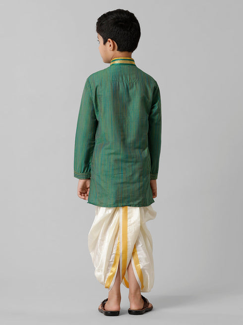 Ramraj Cotton Boys Dark Green Kurta with Cream Art Silk Panchakacham Combo EMD7