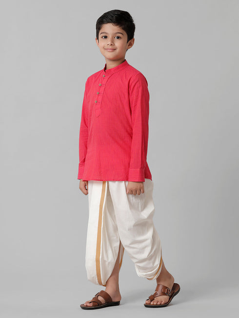 Ramraj Cotton Boys Breeze Cotton Pink Kurta with Cream Elastic Panchakacham Combo COT1