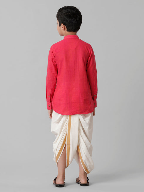 Ramraj Cotton Boys Breeze Cotton Pink Kurta with Cream Elastic Panchakacham Combo COT1