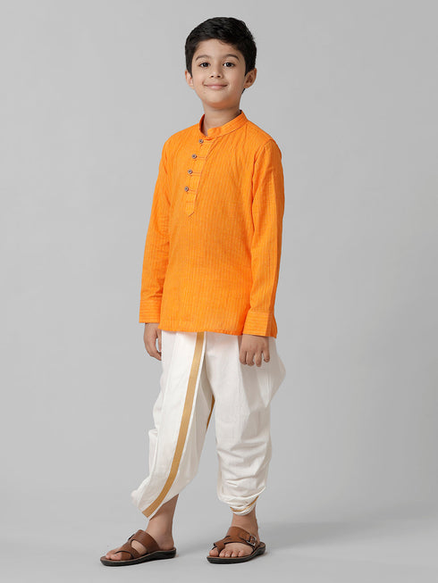 Ramraj Cotton Boys Breeze Cotton Orange Kurta with Cream Elastic Panchakacham Combo COT5