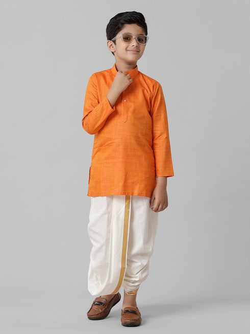 Ramraj Cotton Boys Orange Kurta with Cream Elastic Panchakacham Combo FS3