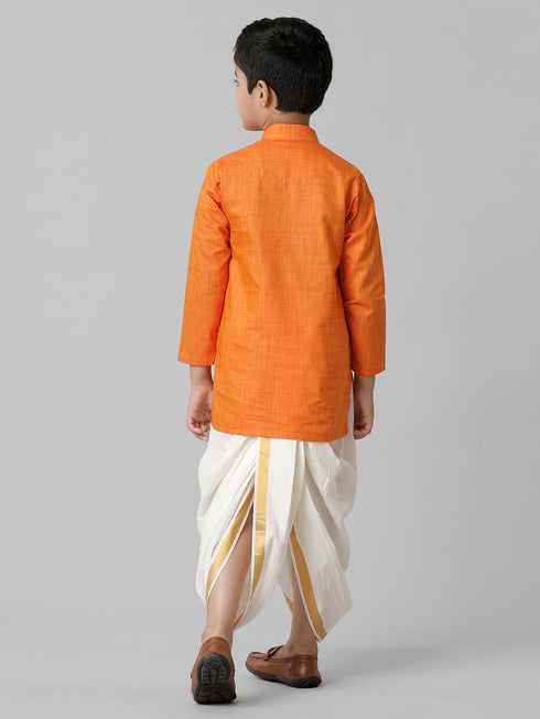 Ramraj Cotton Boys Orange Kurta with Cream Elastic Panchakacham Combo FS3