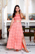 Miravan Womens Peach Animal Print Round Neck Top With Side Slit Skirt Co Ord Set