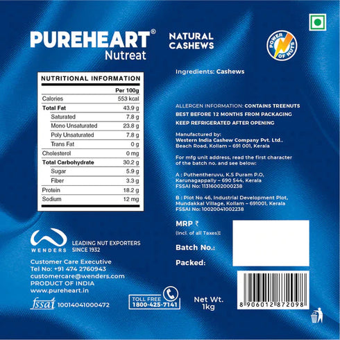 PUREHEART Nutreat Natural Cashews Premium Whole Crunchy & Delicious Cashewnuts/Kaju/Dry Fruit