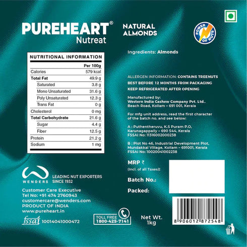 Pureheart Nutreat Natural Almonds Premium California Almond Nuts/Dry Fruit