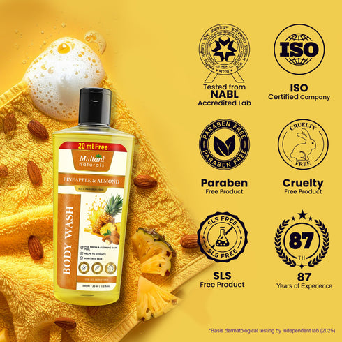 Multani Pharmaceuticals Limited Multani Naturals Pineapple & Almond Body Wash For Fresh & Glowing Skin Feel Helps to Hydrate Nurtures Skin