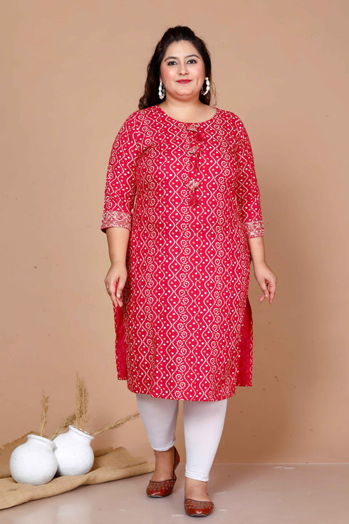 Miravan Womens Plus Size Pink Bandhani Pakistani Straight Kurti