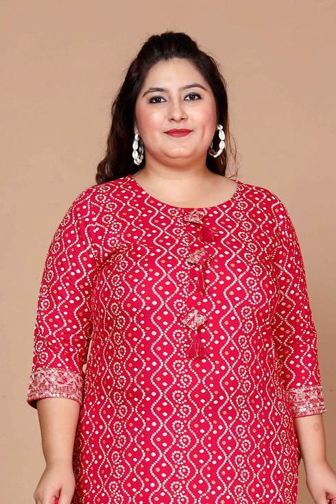 Miravan Womens Plus Size Pink Bandhani Pakistani Straight Kurti