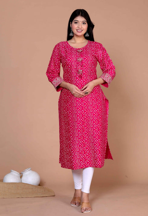 Miravan Womens Pink Bandhani Printed Embroidered Straight Kurti
