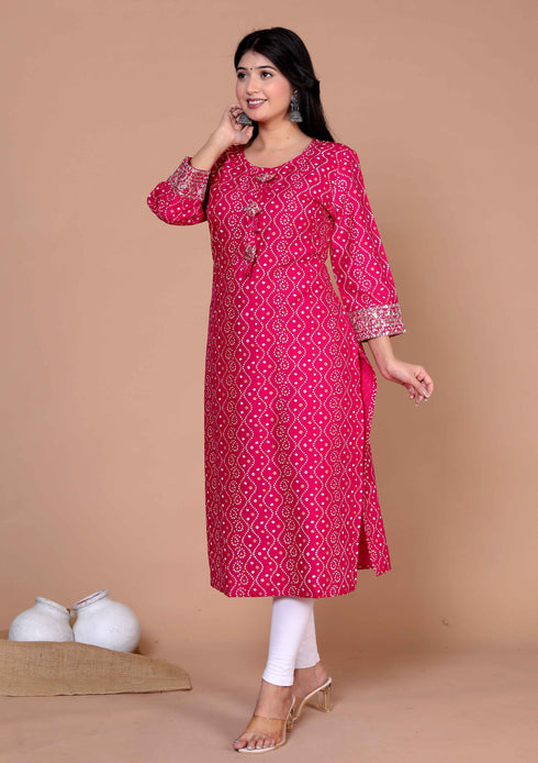 Miravan Womens Pink Bandhani Printed Embroidered Straight Kurti