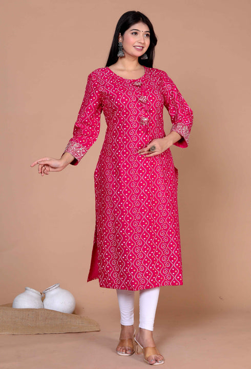Miravan Womens Pink Bandhani Printed Embroidered Straight Kurti