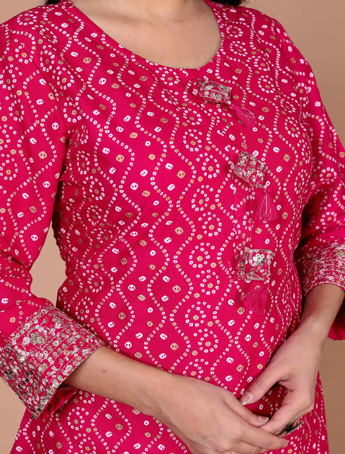 Miravan Womens Pink Bandhani Printed Embroidered Straight Kurti