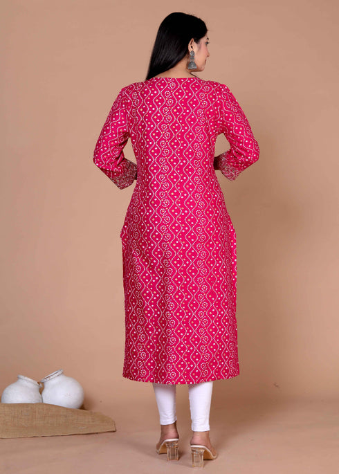 Miravan Womens Pink Bandhani Printed Embroidered Straight Kurti