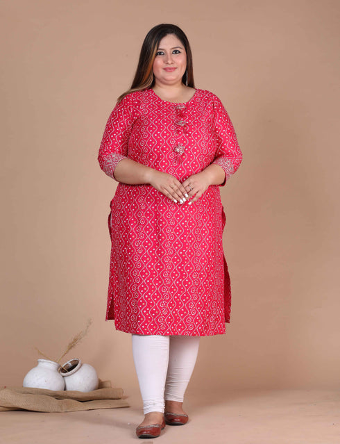 Miravan Womens Plus Size Pink Bandhani Pakistani Straight Kurti