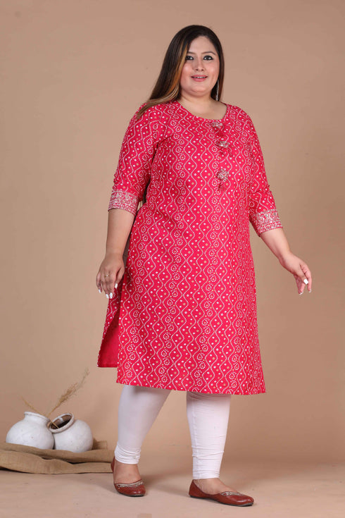 Miravan Womens Plus Size Pink Bandhani Pakistani Straight Kurti