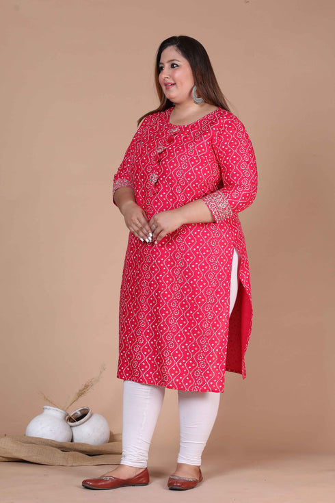 Miravan Womens Plus Size Pink Bandhani Pakistani Straight Kurti