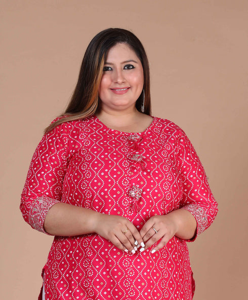 Miravan Womens Plus Size Pink Bandhani Pakistani Straight Kurti