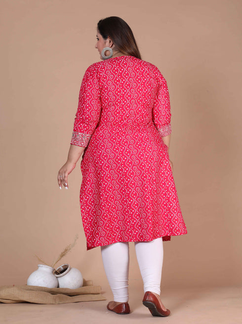 Miravan Womens Plus Size Pink Bandhani Pakistani Straight Kurti