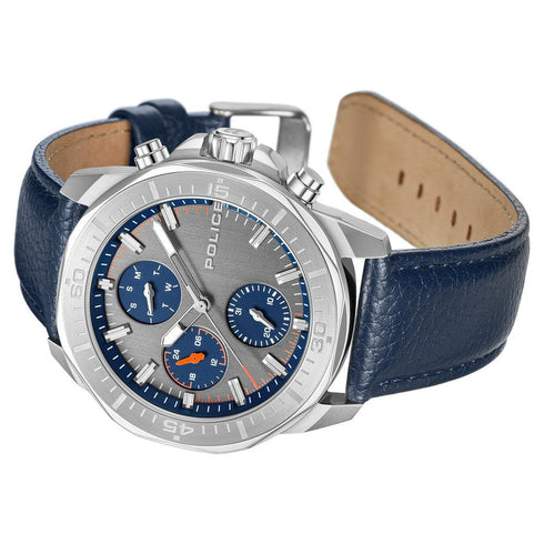 Police Quartz Multifunction Grey Dial Blue Leather Strap Watch For Men