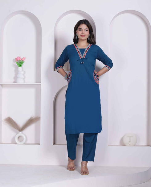 Miravan Womens Blue Straight Kurta with Palazzo Set