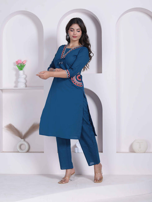 Miravan Womens Blue Straight Kurta with Palazzo Set