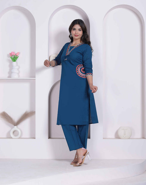Miravan Womens Blue Straight Kurta with Palazzo Set