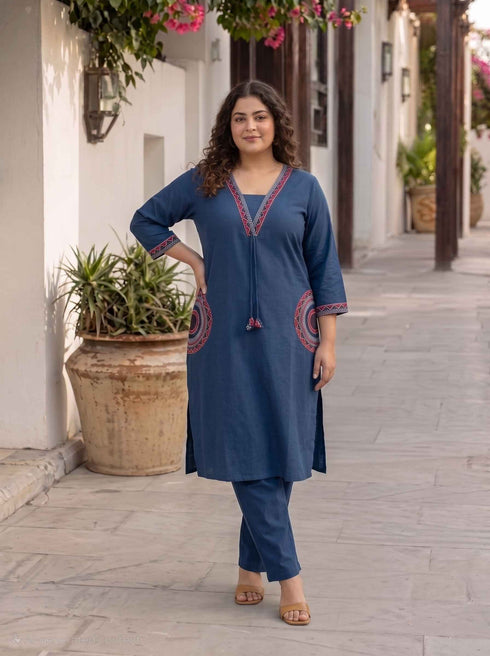 Miravan Womens Plus Size Blue Straight Kurta with Palazzo Set