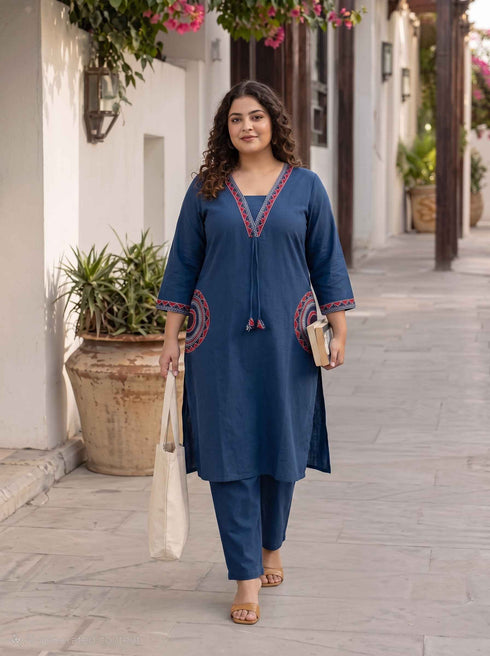 Miravan Womens Plus Size Blue Straight Kurta with Palazzo Set