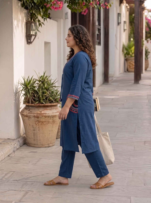 Miravan Womens Plus Size Blue Straight Kurta with Palazzo Set