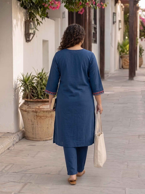 Miravan Womens Plus Size Blue Straight Kurta with Palazzo Set