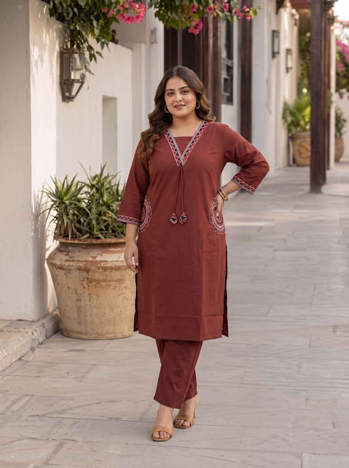 Miravan Womens Plus Size Brown Straight Kurta Set
