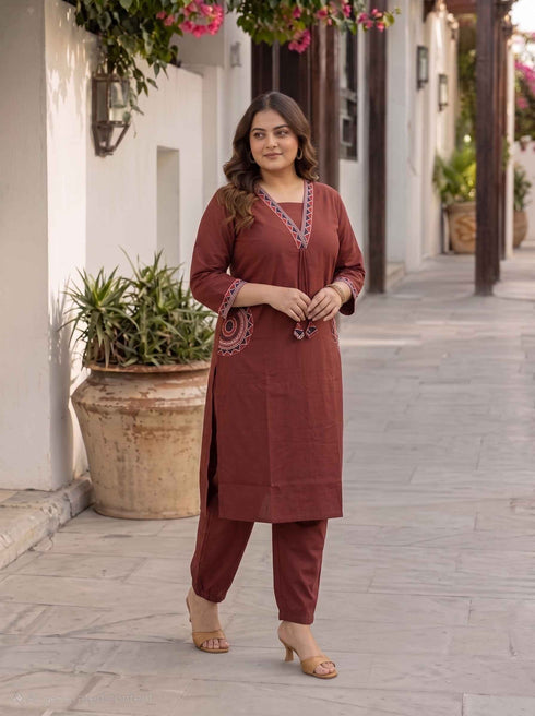 Miravan Womens Plus Size Brown Straight Kurta Set