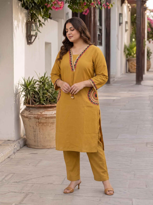 Miravan Womens Plus Size Yellow Kurta and Palazzo Set