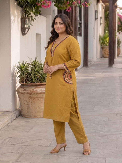 Miravan Womens Plus Size Yellow Kurta and Palazzo Set