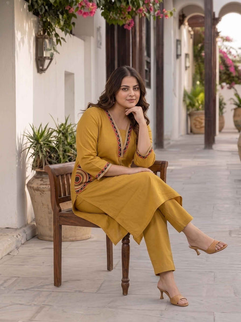 Miravan Womens Plus Size Yellow Kurta and Palazzo Set