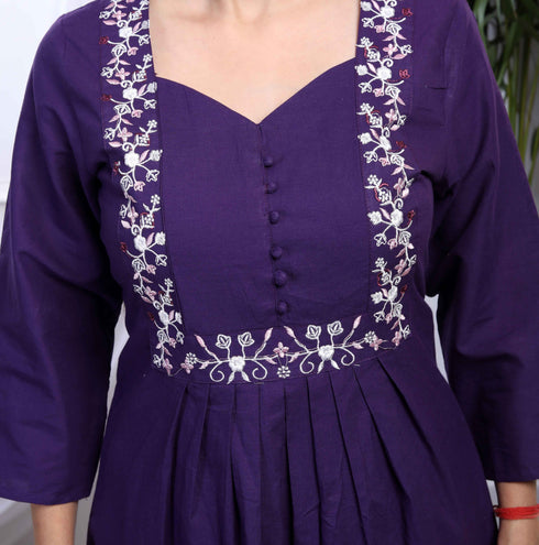 Miravan Womens Purple Embroidered Sweetheart Neck and Accordion Pleated Solid A Line Kurta And Palazzo Set