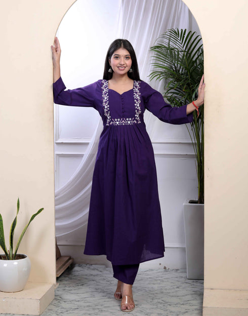 Miravan Womens Purple Embroidered Sweetheart Neck and Accordion Pleated Solid A Line Kurta And Palazzo Set