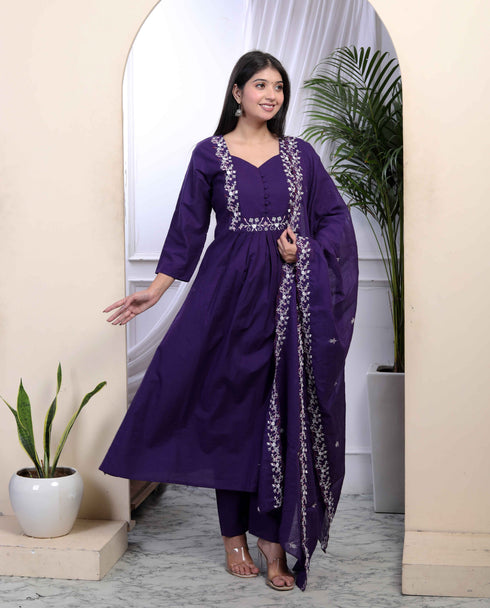 Miravan Womens Cotton Purple A Line Kurta With Embroidered Neck And Palazzo With Embroidered Dupatta Set