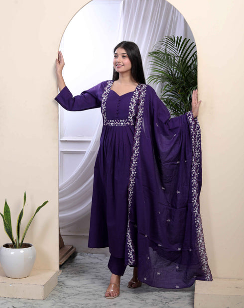 Miravan Womens Cotton Purple A Line Kurta With Embroidered Neck And Palazzo With Embroidered Dupatta Set