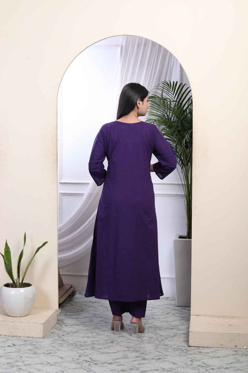 Miravan Womens Cotton Purple A Line Kurta With Embroidered Neck And Palazzo With Embroidered Dupatta Set