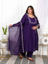 Miravan Womens Plus Size Cotton Purple A Line Kurta With Embroidered Neck And Palazzo With Embroidered Dupatta Set