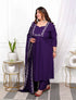 Miravan Womens Plus Size Cotton Purple A Line Kurta With Embroidered Neck And Palazzo With Embroidered Dupatta Set