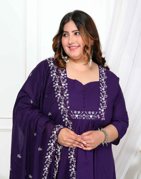 Miravan Womens Plus Size Cotton Purple A Line Kurta With Embroidered Neck And Palazzo With Embroidered Dupatta Set